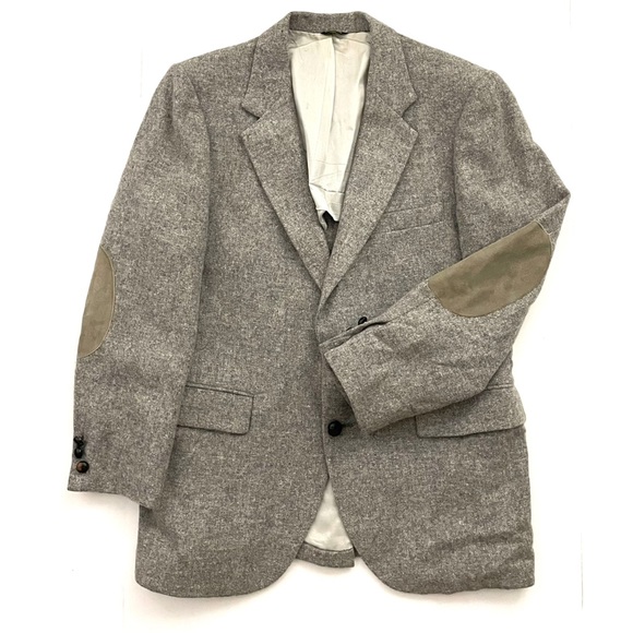 Vintage Gray Harris Tweed Scottish Wool Sport Coat with Elbow Patches Unisex M/L - Picture 1 of 11
